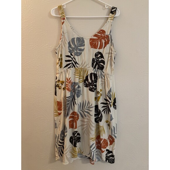 Monteau Linen Dress Large Tropical Leaves White Rust Vacation Cruise Resort - Picture 2 of 5